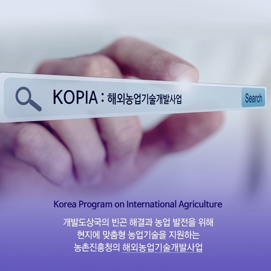 KOPIA : 해외농업기술개발사업 Korea Program on International Agriculture 개발도상국의 빈곤 해결과 농업 발전을 위해 현지에 맞춤형 농업기술을 지원하는 농촌진흥청의 해외농업기술개발사업