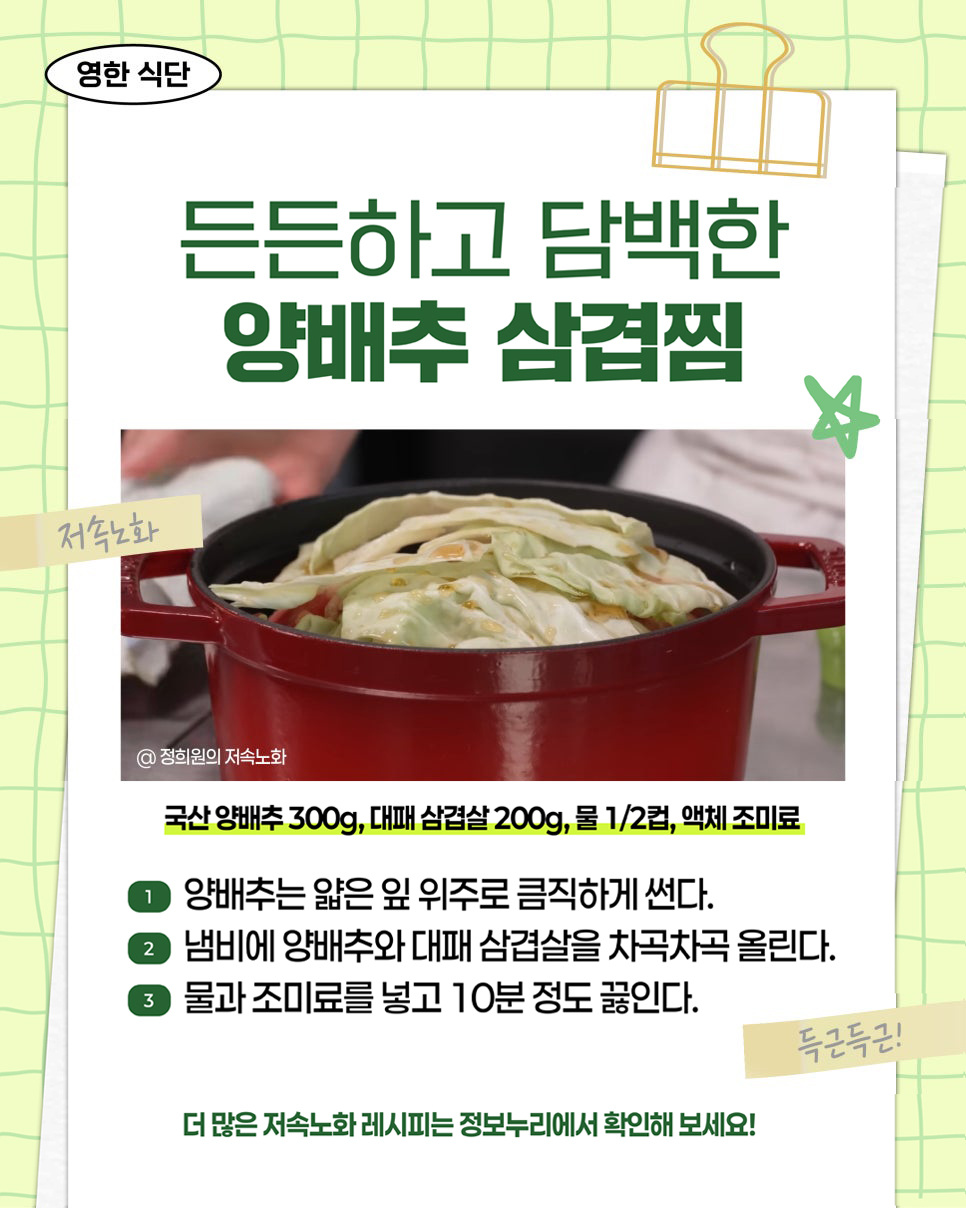 영한 식단. 든든하고 담백한 양배추 삼겹찜. 저속노화. @ 정희원의 저속노화. 재료: 국산 양배추 300g, 대패삼겹살 200g, 물 1/2컵, 액상 조미료. 1. 양배추를 얇은 잎 위주로 큼직하게 썬다. 2. 냄비에 양배추와 삼겹살을 번갈아 가며 쌓는다. 3. 물과 액상 조미료를 넣고 약 10분간 끓인다. 두근두근! 더 많은 저속노화 레시피는 정보누리에서 확인해 보세요!