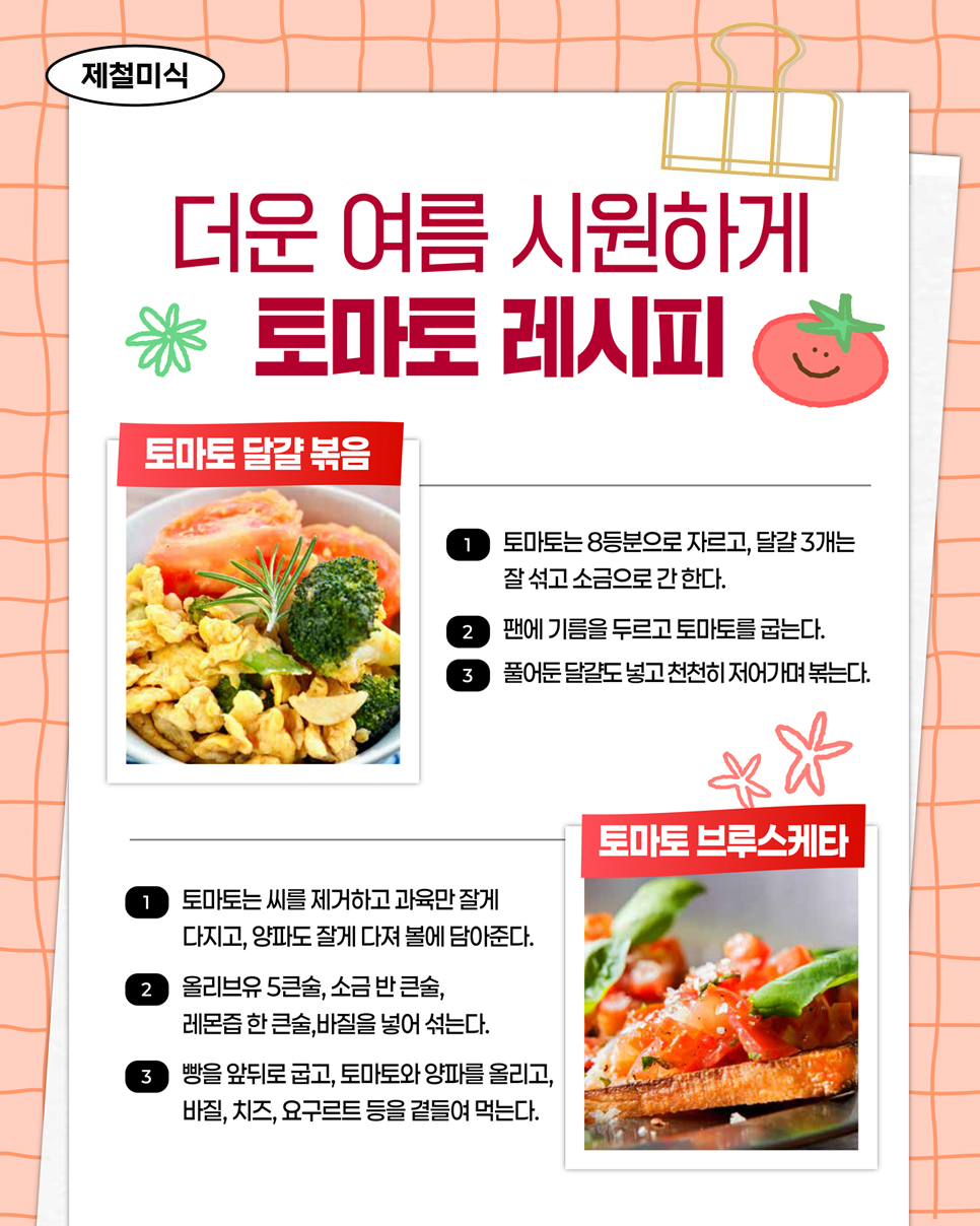 제철미식. 더운 여름 시원하게 토마토 레시피. 토마토 달걀 볶음. ① 토마토는 8등분으로 자르고, 달걀 3개는 잘 섞고 소금으로 간 한다. ② 팬에 기름을 두르고 토마토를 굽는다. ③ 풀어둔 달걀도 넣고 천천히 저어가며 볶는다. 토마토 브루스케타. ① 토마토는 씨를 제거하고 과육만 잘게 다지고, 양파도 잘게 다져 볼에 담아준다. ② 올리브유 5큰술, 소금 반 큰술, 레몬즙 한 큰술, 바질을 넣어 섞는다. ③ 빵을 앞뒤로 굽고, 토마토와 양파를 올리고, 바질, 치즈, 요구르트 등을 곁들여 먹는다.