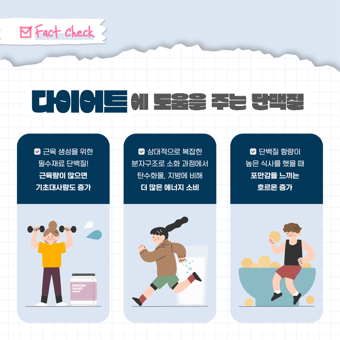 Fact Check 다이어트에 도움을 주는 단백질 근육 생성을 위한 필수재료 단백질! 근육량이 많으면 기초대사량도 증가 PROTEIN SHAKE 상대적으로 복잡한 분자구조로 소화 과정에서 탄수화물, 지방에 비해 더 많은 에너지 소비 단백질 함량이 높은 식사를 했을 때 포만감을 느끼는 호르몬 증가
