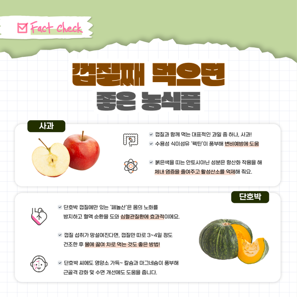 Fact Check 껍질째 먹으면 좋은 농식품 사과 껍질과 함께 먹는 대표적인 과일 중 하나, 사과! 수용성 식이섬유 '펙틴'이 풍부해 변비예방에 도움 붉은색을 띠는 안토시아닌 성분은 항산화 작용을 해 체내 염증을 줄여주고 활성산소를 억제해 줘요. 단호박 껍질에만 있는 '페놀산'은 몸의 노화를 방지하고 혈액 순환을 도와 심혈관질환에 효과적이에요. 껍질 섭취가 망설여진다면, 껍질만 따로 3~4일 정도 건조한 후 물에 끓여 차로 먹는 것도 좋은 방법! 단호박 씨에도 영양소 가득~ 칼슘과 마그네슘이 풍부해 근골격 강화 및 수면 개선에도 도움을 줍니다.