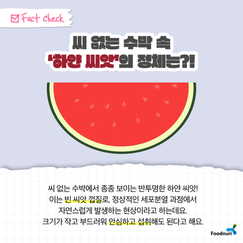 Fact Check 씨 없는 수박 속 '하얀 씨앗'의 정체는?! 씨 없는 수박에서 종종 보이는 반투명한 하얀 씨앗! 이는 빈 씨앗 껍질로, 정상적인 세포분열 과정에서 자연스럽게 발생하는 현상이라고 하는데요. 크기가 작고 부드러워 안심하고 섭취해도 된다고 해요. Foodnuri