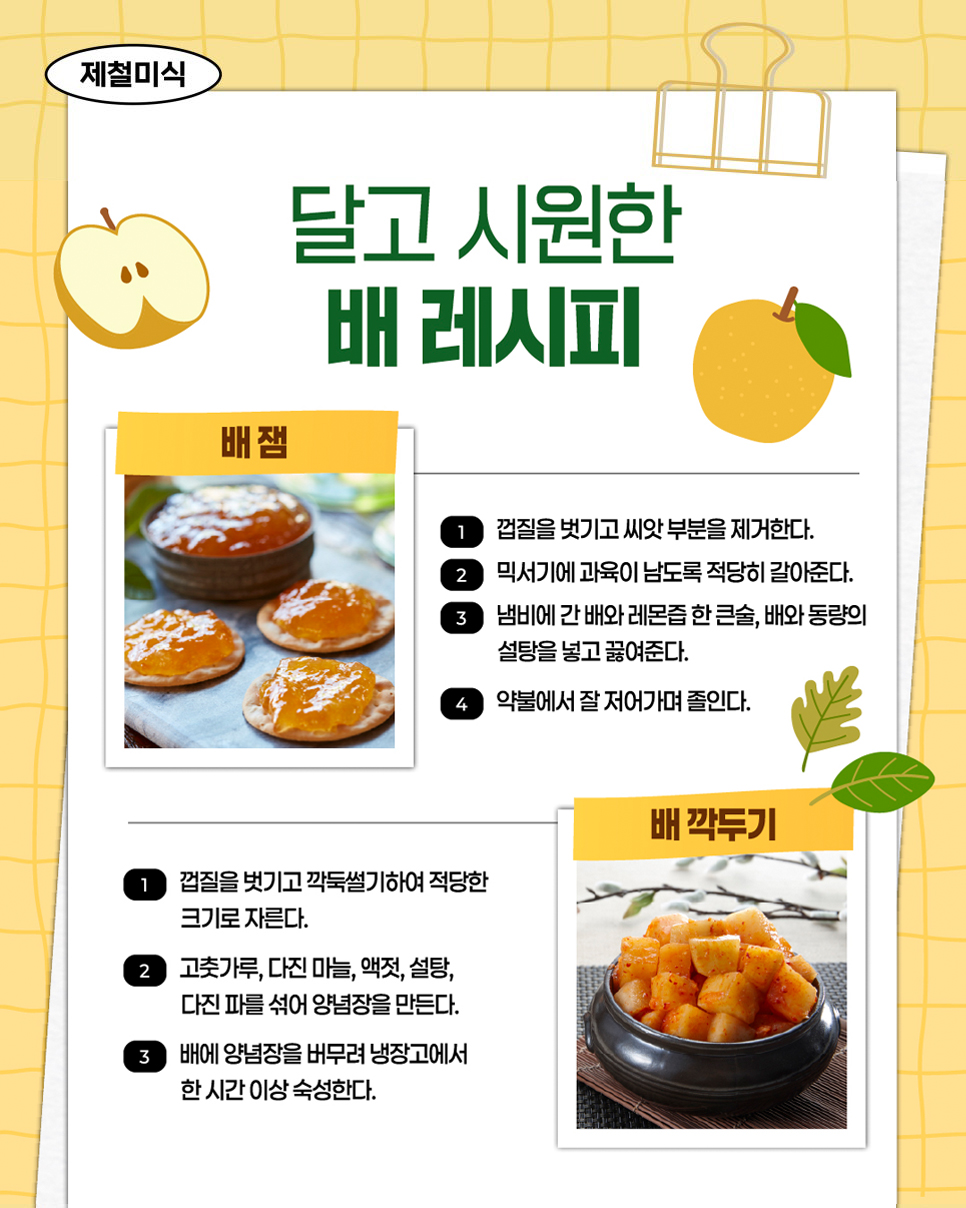 제철미식. 달고 시원한 배 레시피. 배 잼. ① 껍질을 벗기고 씨앗 부분을 제거한다. ② 믹서기에 과육이 남도록 적당히 갈아준다. ③ 냄비에 간 배와 레몬즙 한 큰술, 배와 동량의 설탕을 넣고 끓여준다. ④ 약불에서 잘 저어가며 졸인다. 배 깍두기. ① 껍질을 벗기고 깍둑썰기하여 적당한 크기로 자른다. ② 고춧가루, 다진 마늘, 액젓, 설탕, 다진 파를 섞어 양념장을 만든다. ③ 배에 양념장을 버무려 냉장고에서 한 시간 이상 숙성한다.