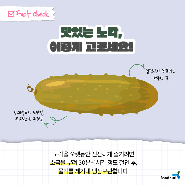 Fact Check 맛있는 노각, 이렇게 고르세요! 겉껍질이 단단하고 묵직한 것, 전체적으로 노란빛, 부분적으로 푸른빛. 노각을 오랫동안 신선하게 즐기려면 소금을 뿌려 30분~1시간 정도 절인 후, 물기를 제거해 냉장보관합니다. Foodnuri