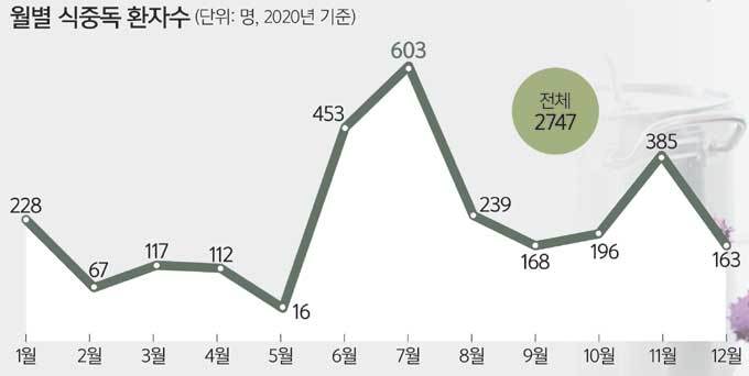 2_%EC%B6%9C%EC%B2%98%20-%20%EC%84%B8%EA%B3%84%EC%9D%BC%EB%B3%B4.jpg 월별 식중독 환자수(단위:명, 2020년 기준) - 1월 228 / 2월 67 / 3월 117 / 4월 112 / 5월 16 / 6월 453 / 7월 603 / 8월 239 / 9월 168 / 10월 196 / 11월 385 / 12월 163 - 전체 2747